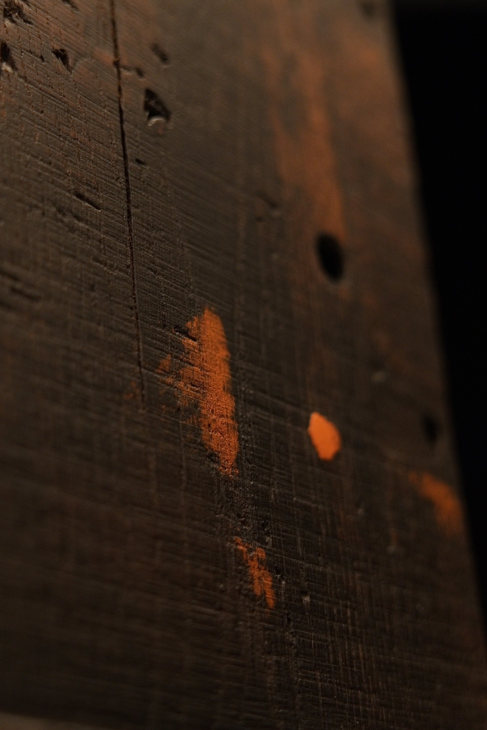 Close-up of the dark oxidized upper section of the botanical heritage monolith highlighting authentic organic mineral deposits. 