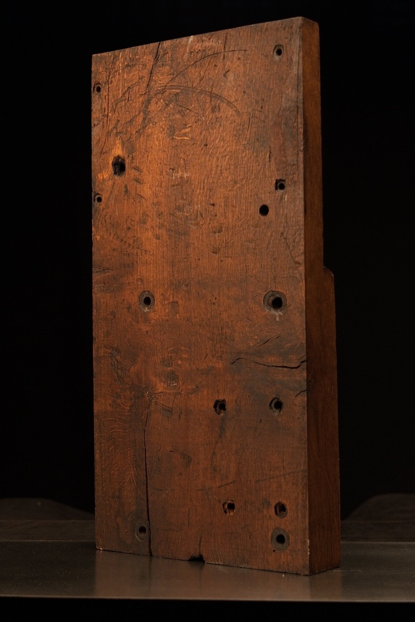 Full reverse view of the thermally modified biophilic structural slab displaying natural wood grain and historic joinery voids. 