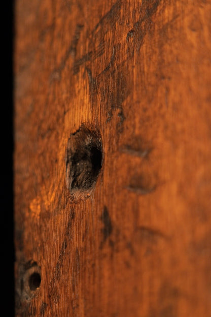 Close-up of a deep structural cavity within the architectural relic wood showcasing natural decay preserved for biophilic design. 