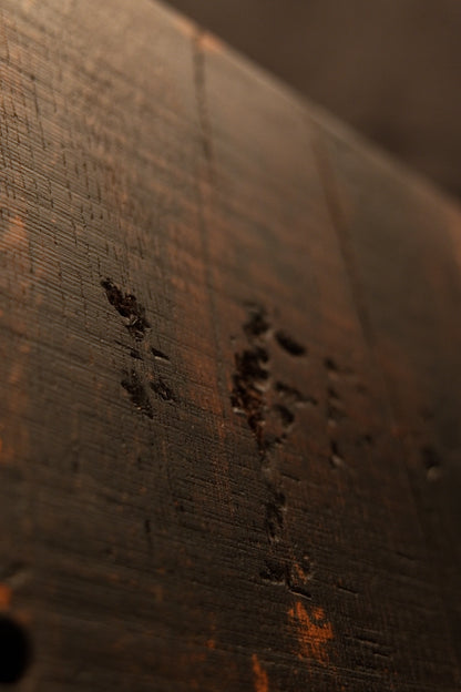 Extreme close up of the dark carbonized heritage timber section demonstrating deep cellular structural preservation techniques. 