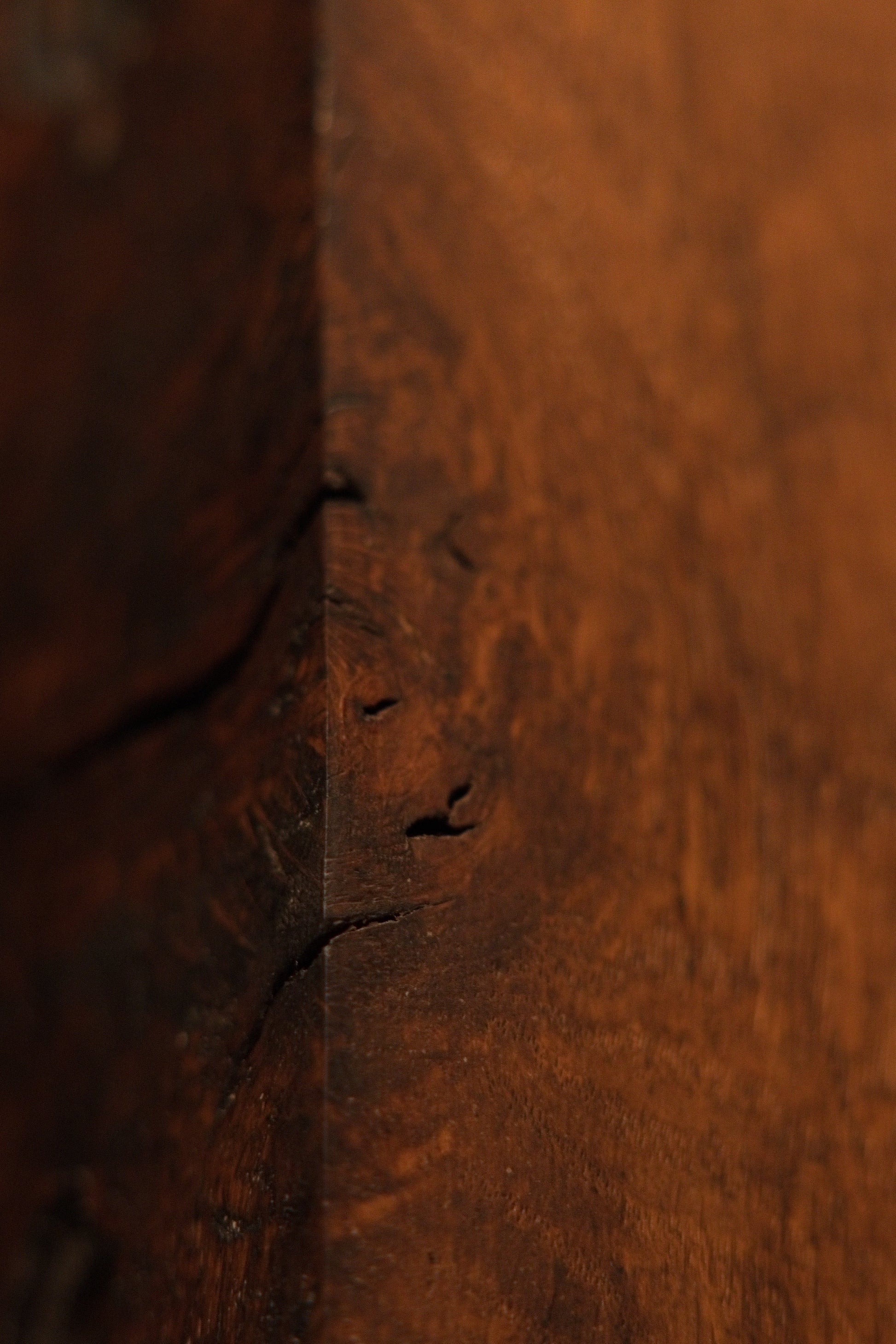 Detailed view of a micro-porous natural wood void inside the heritage relic piece demonstrating structural thermal stability. 