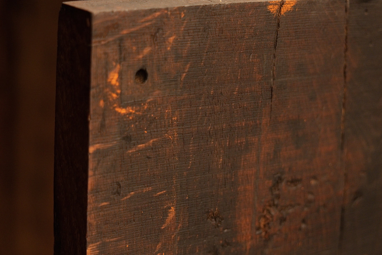 Detailed view of the dark oxidized front face of the botanical relic wood featuring a structural void and rich historic textures. 