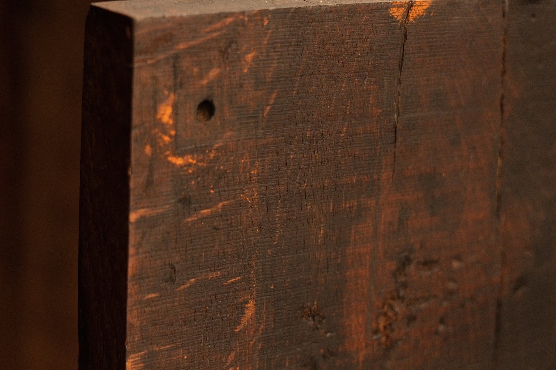 Detailed view of the dark oxidized front face of the botanical relic wood featuring a structural void and rich historic textures. 