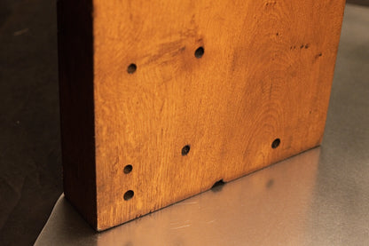 Lower left corner view of the biophilic interior design wood slab emphasizing extreme dimensional stability and organic grain. 