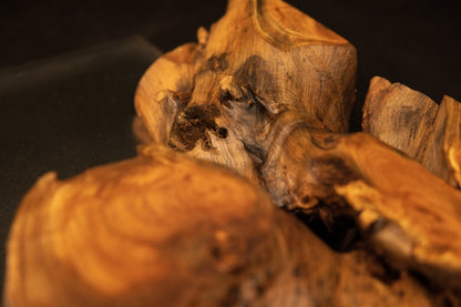 Macro perspective of textured wood knots and deep shadowed hollows on the upper section of the medium oak root art masterpiece.