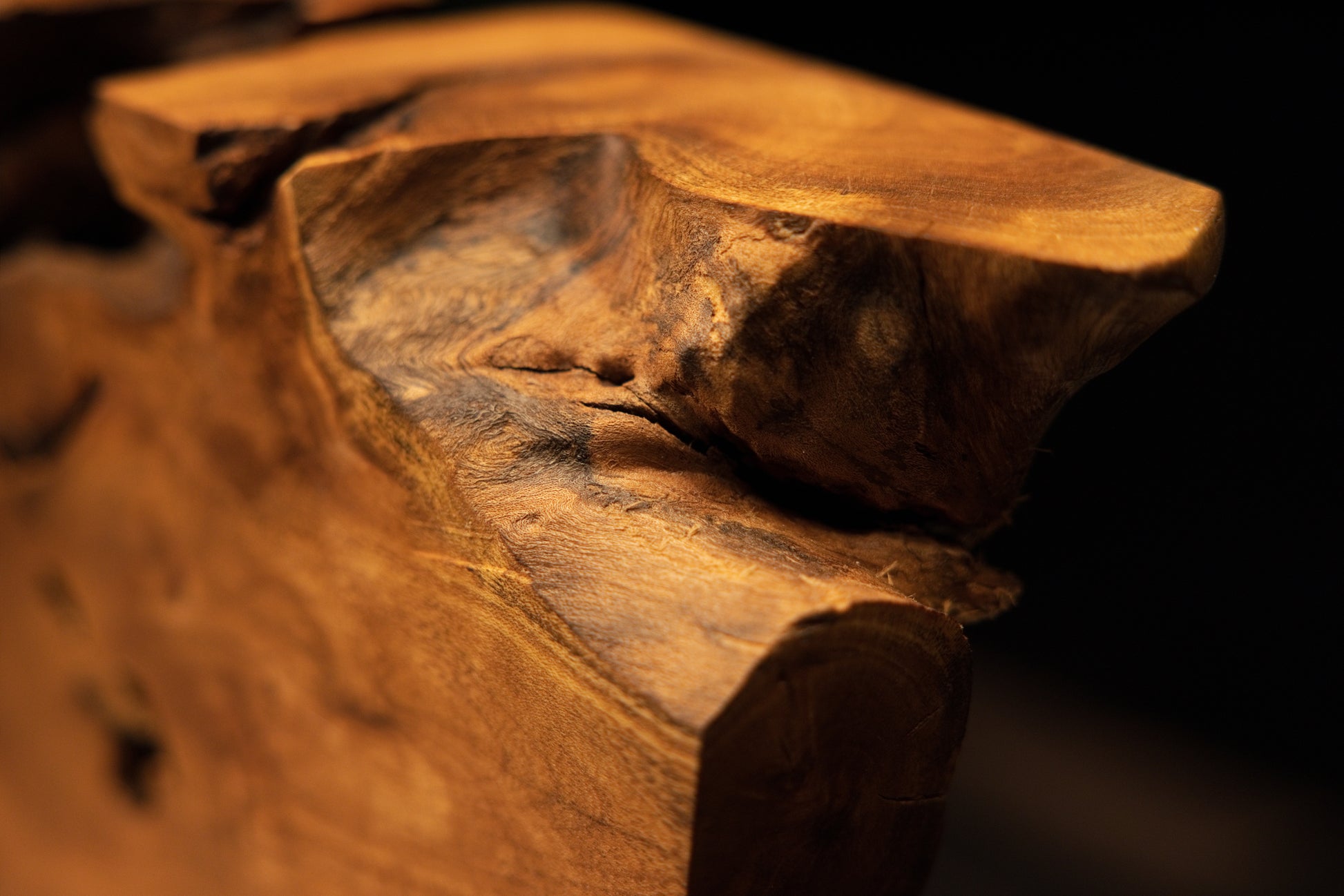 Close-up view of a precision-cut solid wooden extension featuring a fine surface check and rich golden-brown grain on the sculpture.