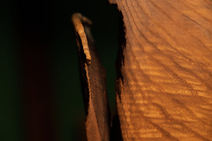 Close-up perspective of a narrow vertical opening between two heavy wooden blocks revealing dark shadows and rich grain textures.