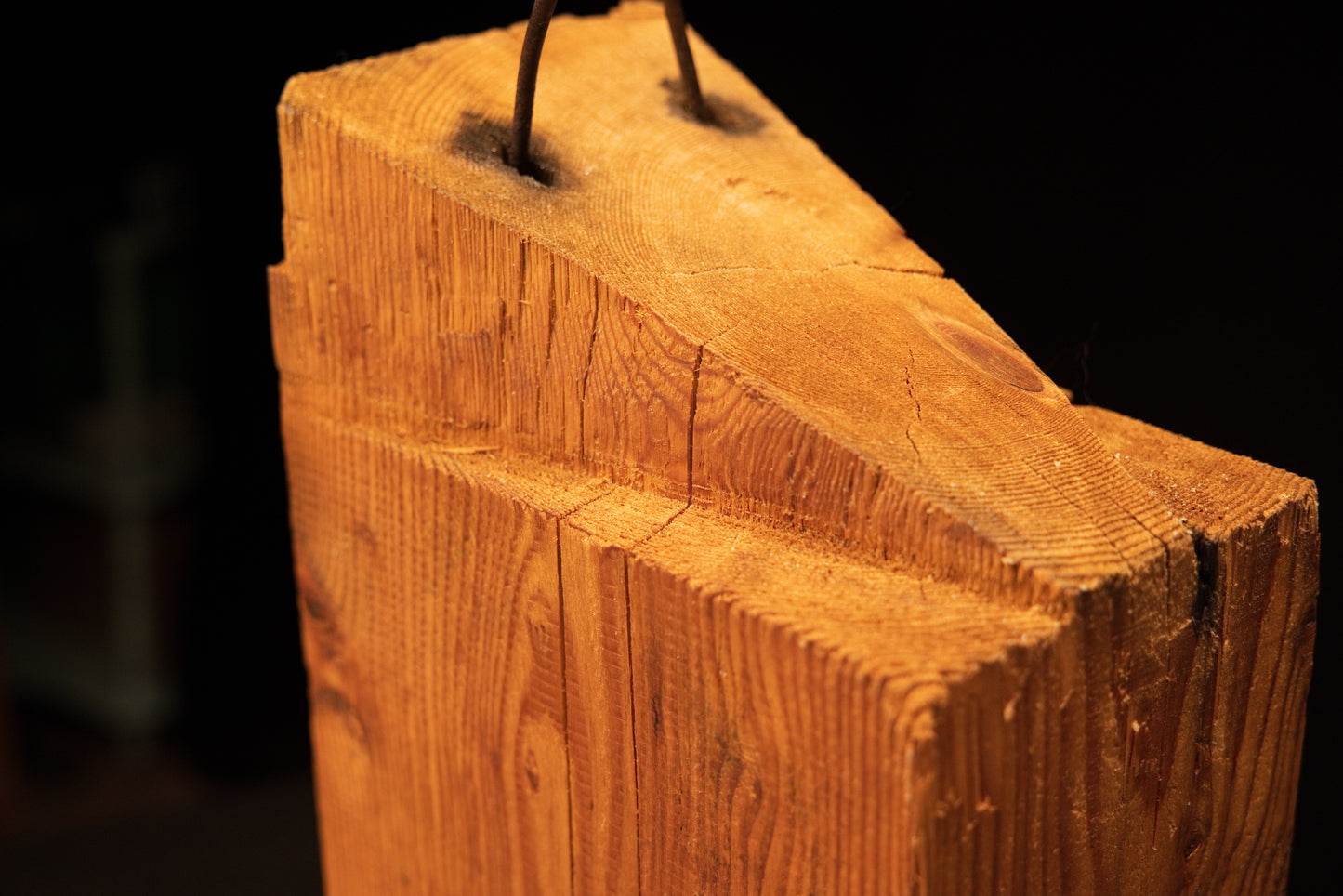 Macro detail of the slanted top on a heritage structural monolith showcasing dense end-grain and embedded historic iron spikes.   