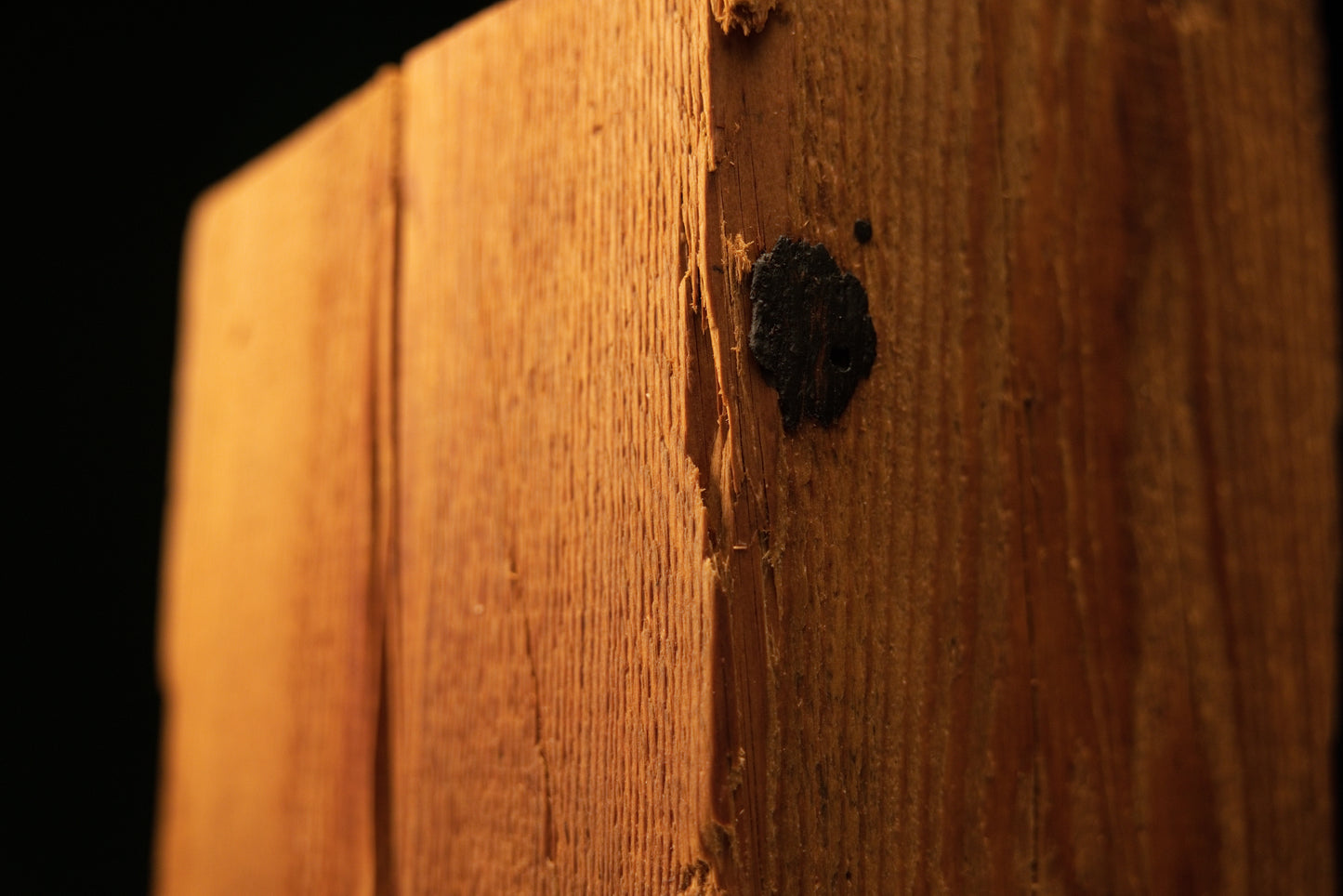 Close-up of an upper dark structural knot on a digital twin ready architectural heritage beam showing non-toxic preservation.   