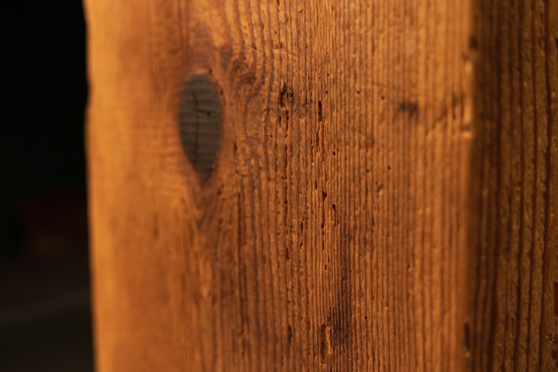 Extreme close-up of the dark organic knot embedded in a floor-heating stable architectural salvage piece for elite developers.   