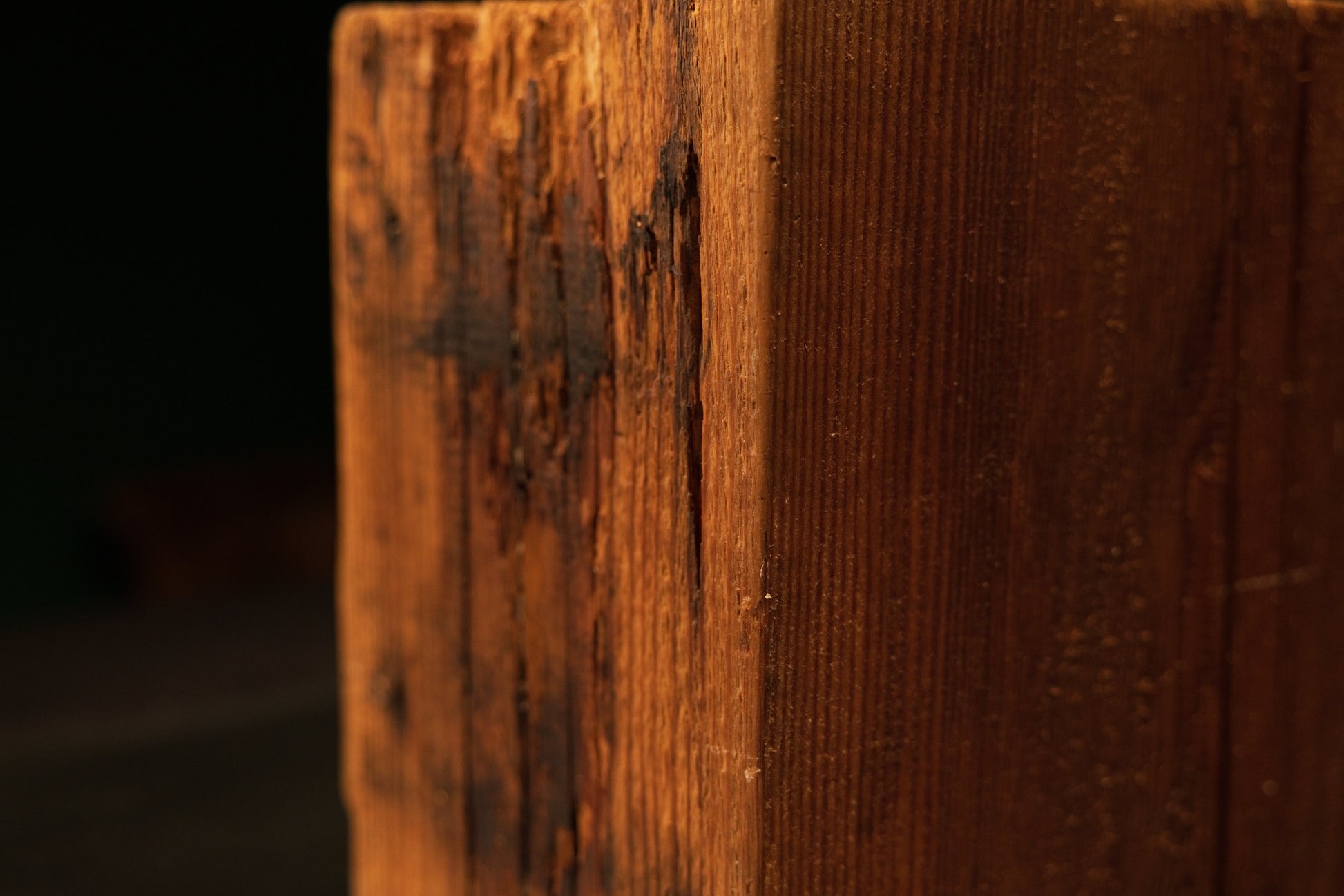 Macro view of a deep vertical structural crack within a completely resin-free architectural wood block for luxury interior spaces.[cite: 1, 3]