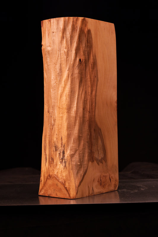 Front vertical view of a polished biophilic wooden shelf element displaying smooth golden surfaces and wavy dark organic grain.   