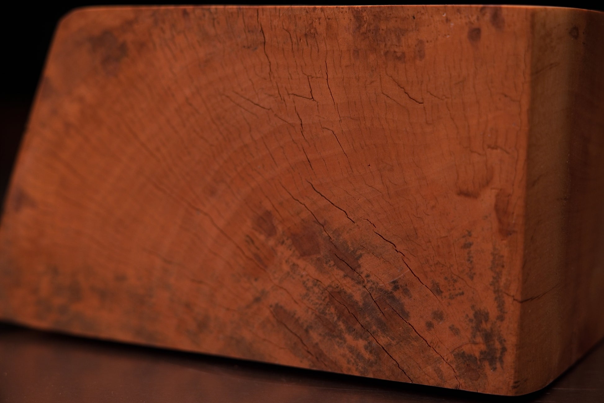 Close detail of a thermally modified structural wood surface revealing authentic hairline checks locked in absolute equilibrium.   