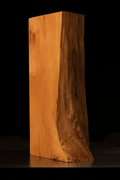 Detailed macro of sweeping golden grain lines and natural spotting on an epoxy-free botanical centerpiece for luxury design.   
