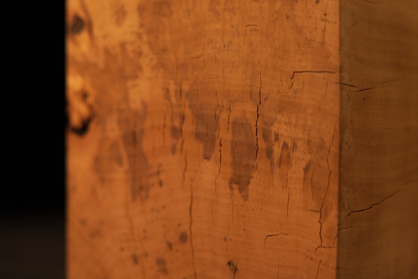 Vertical perspective of the epoxy-free architectural timber revealing a distinctive dark vertical streak and smooth face.   