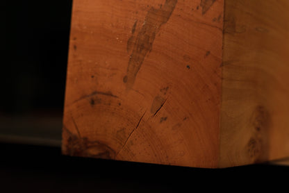 Top corner view of the precision-cut biophilic structural block displaying flawless flat surfaces and golden organic grain.   