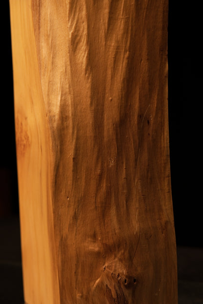 Straight frontal perspective of an epoxy-free biophilic timber element revealing straight vertical grain and an organic side.   