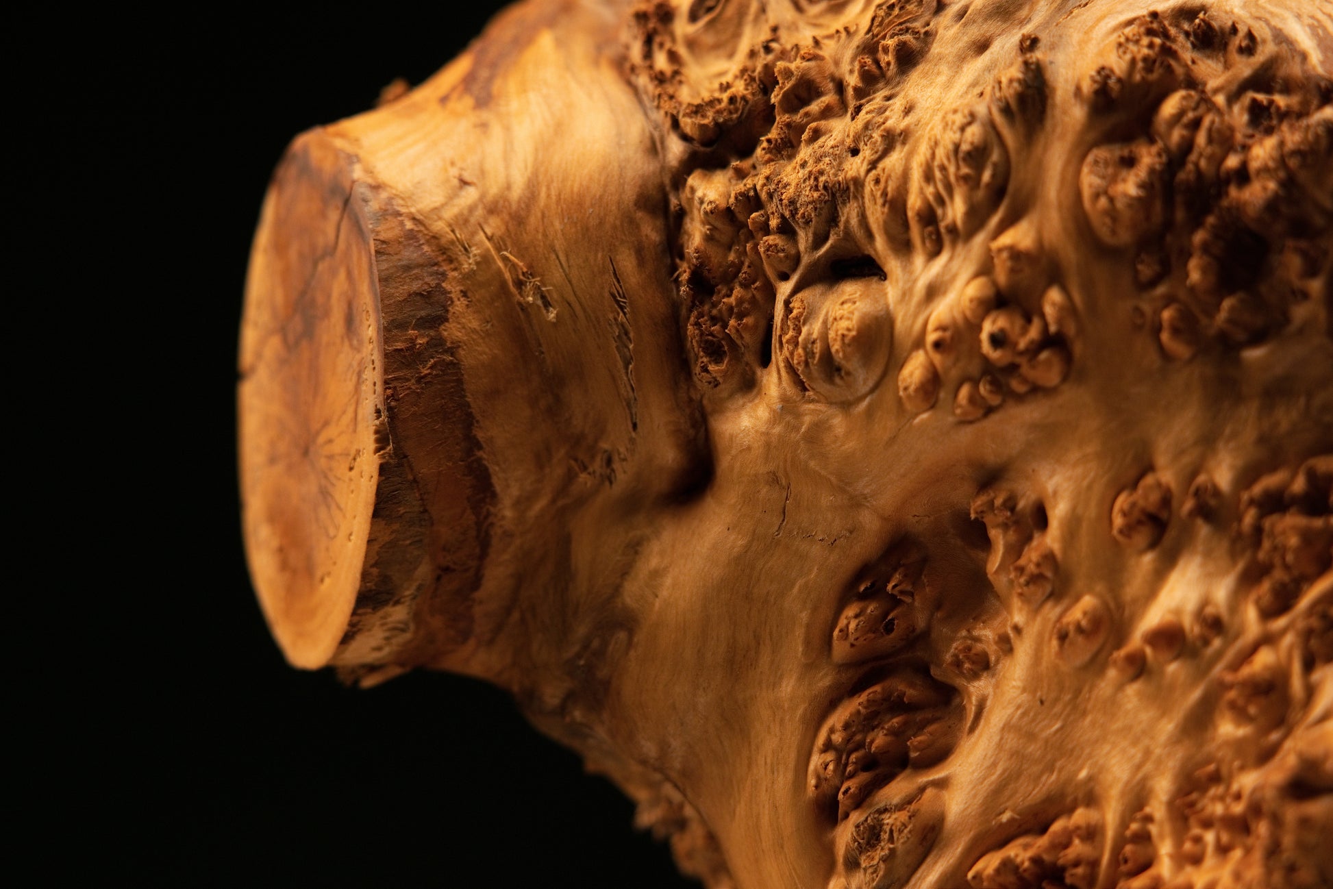 Detailed macro photograph capturing complex burl eye formations and fluid grain flow across the polished sculpted wooden surface.   
