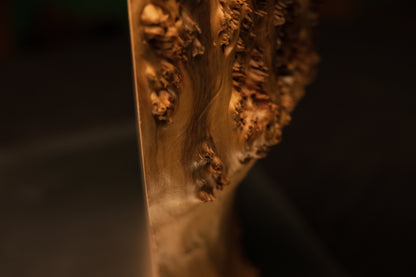 Detailed macro view highlighting the perfect organic harmony between smooth flowing wood grain and dense amber burl knots.   
