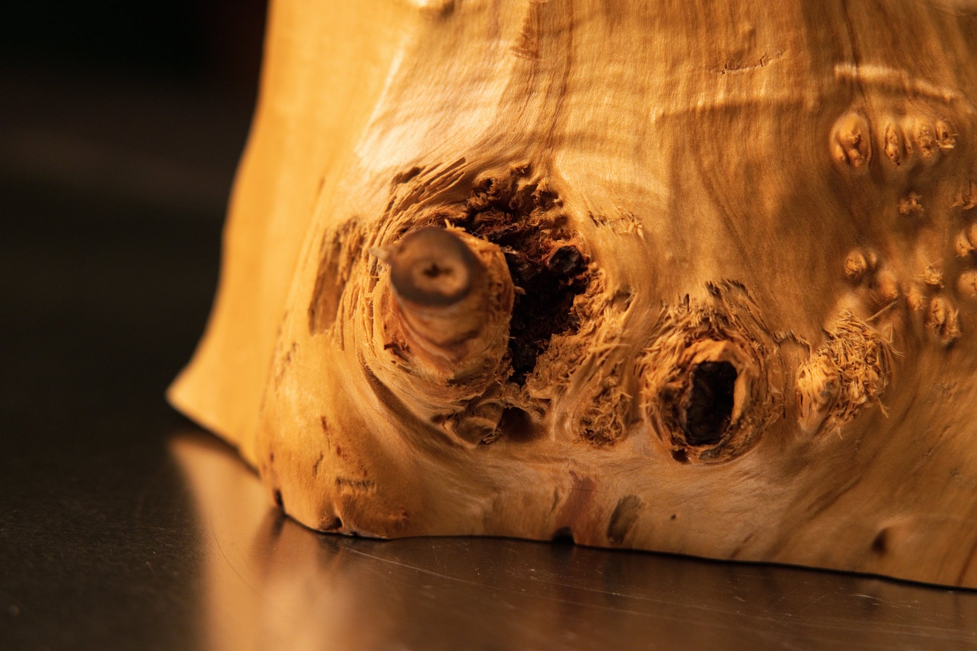 Side profile view of the organic burl wood art piece showcasing a smooth golden surface and a distinct clean cut branch stub.   