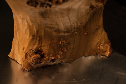 Detailed macro view focusing closely on smooth vertical grain lines gently interrupted by small natural wood knots and tiny pits.   