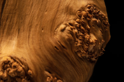 Close view of the crisp transition between flowing golden grain and a chaotic organic burl cluster on a heritage wood monolith.   