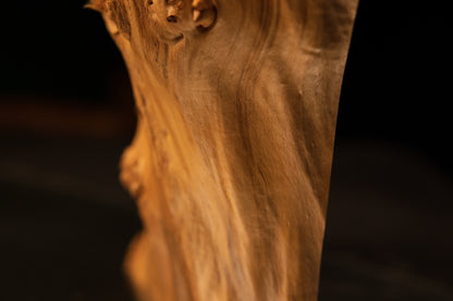 Macro detail of flowing vertical grain lines and a smooth embedded knot on a climate-stable architectural block for luxury use.   
