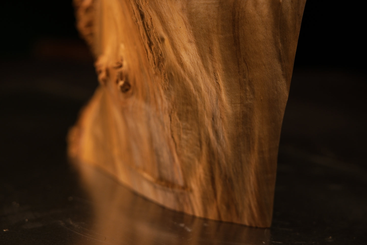 Macro detail of a smooth projecting knot on a flat polished architectural wood face revealing deep cellular thermal stabilization.   