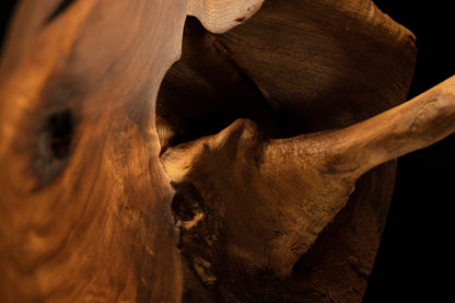 Detailed look at the rough, undulating internal wall of a dark sculptural hollow crafted from native hardwood materials.   