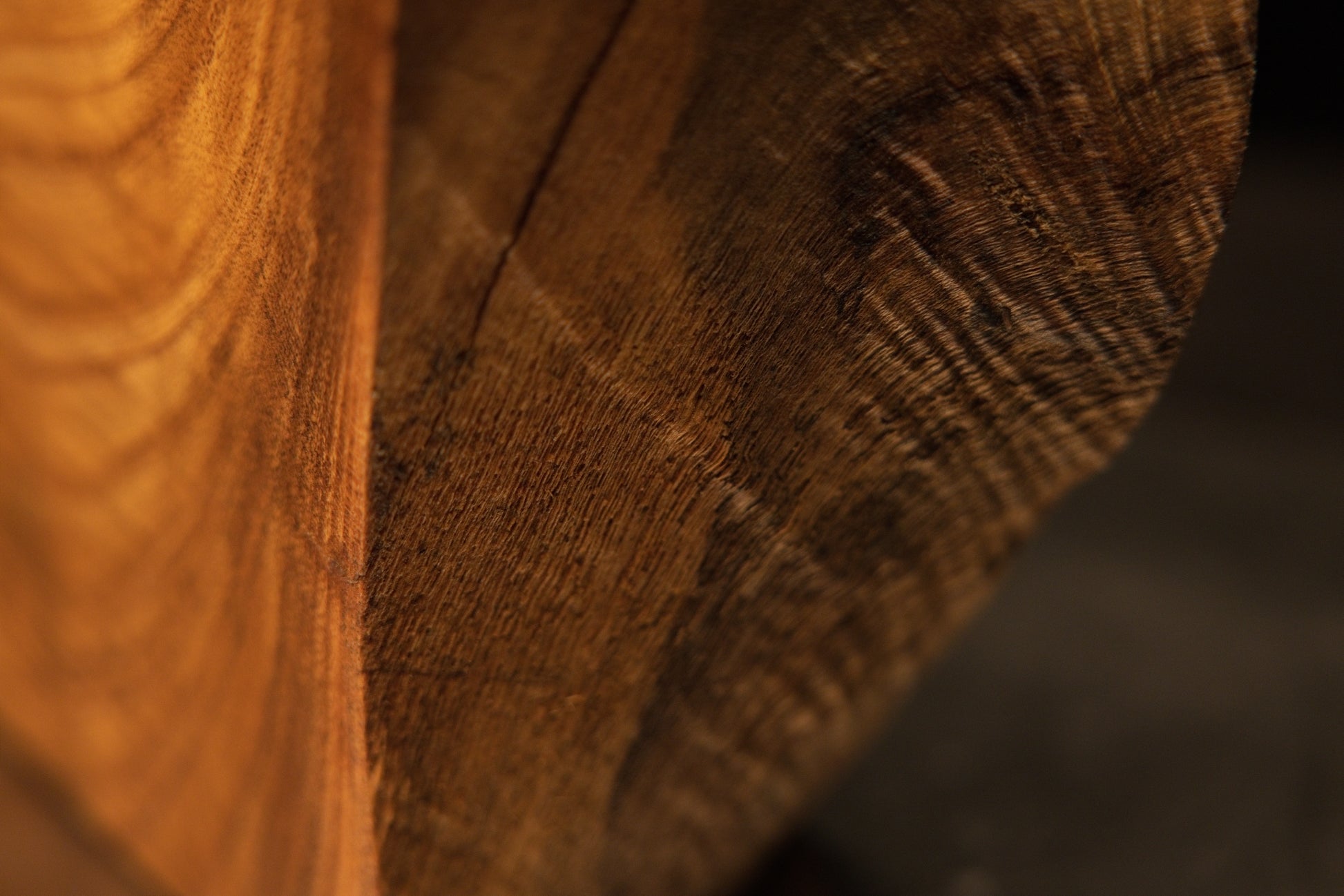 Slanted presentation of a climate-proof interior timber showcasing an upper jagged shadow pocket and undulating lines.   