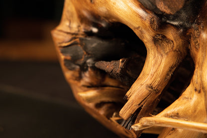Macro detail of jagged internal textures and deep structural cavities inside an epoxy-free biophilic architectural centerpiece.   
