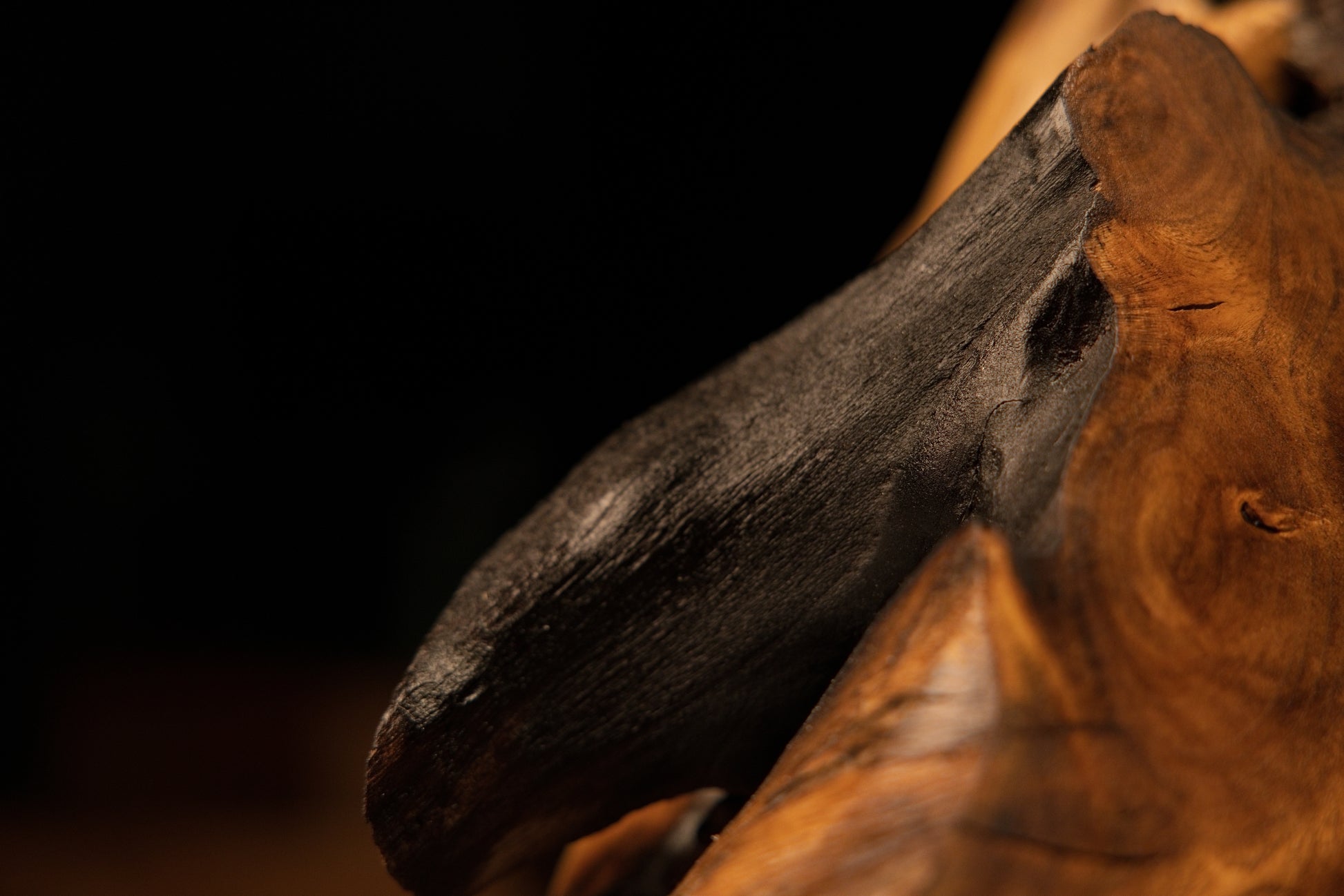 Extreme macro of a dark charred inner wood surface displaying deep original patina on a perfectly stabilized structural piece.   