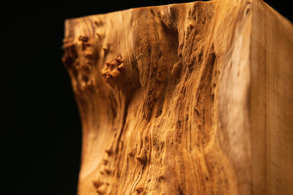 Focused close-up on the heavily textured organic edge of an epoxy-free biophilic timber block revealing biological wood anomalies.   