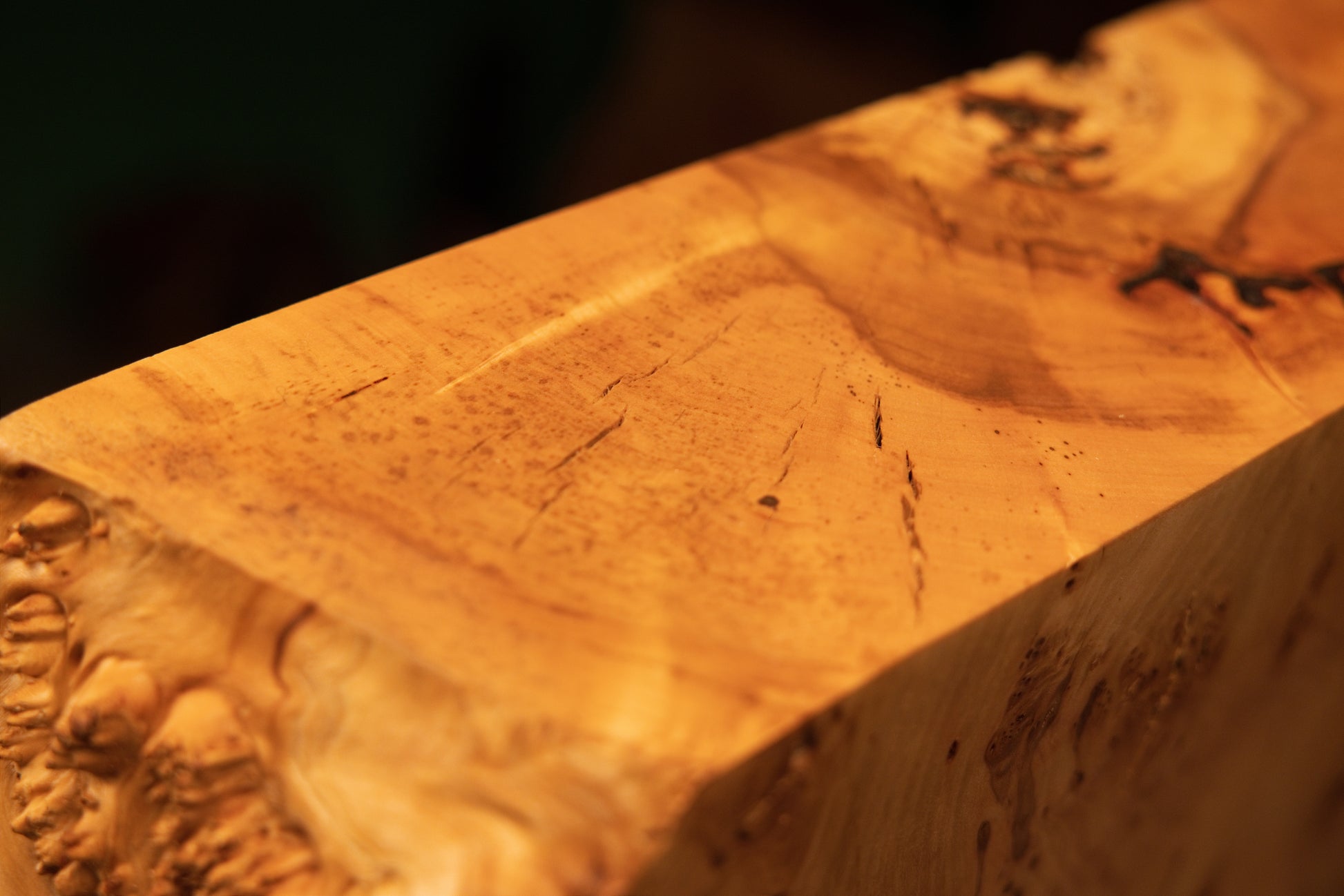 Detailed macro review of sweeping golden grain lines traversing the smooth flat upper cut of a modern resin-free biophilic wood monolith.   