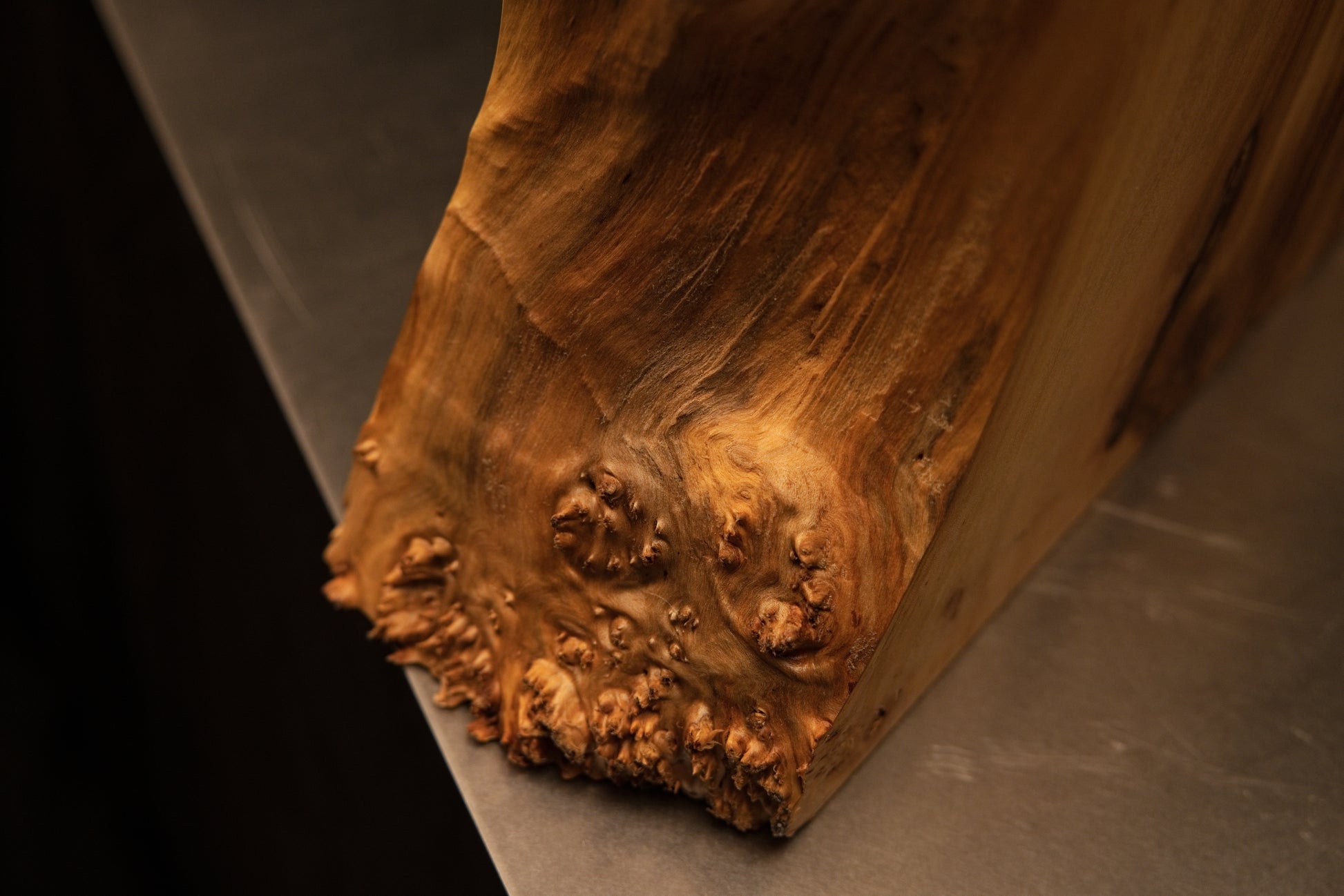 Close-up of the foundation base corner where heavily textured chaotic burl meets the flawlessly flat baseline of a structural block.   