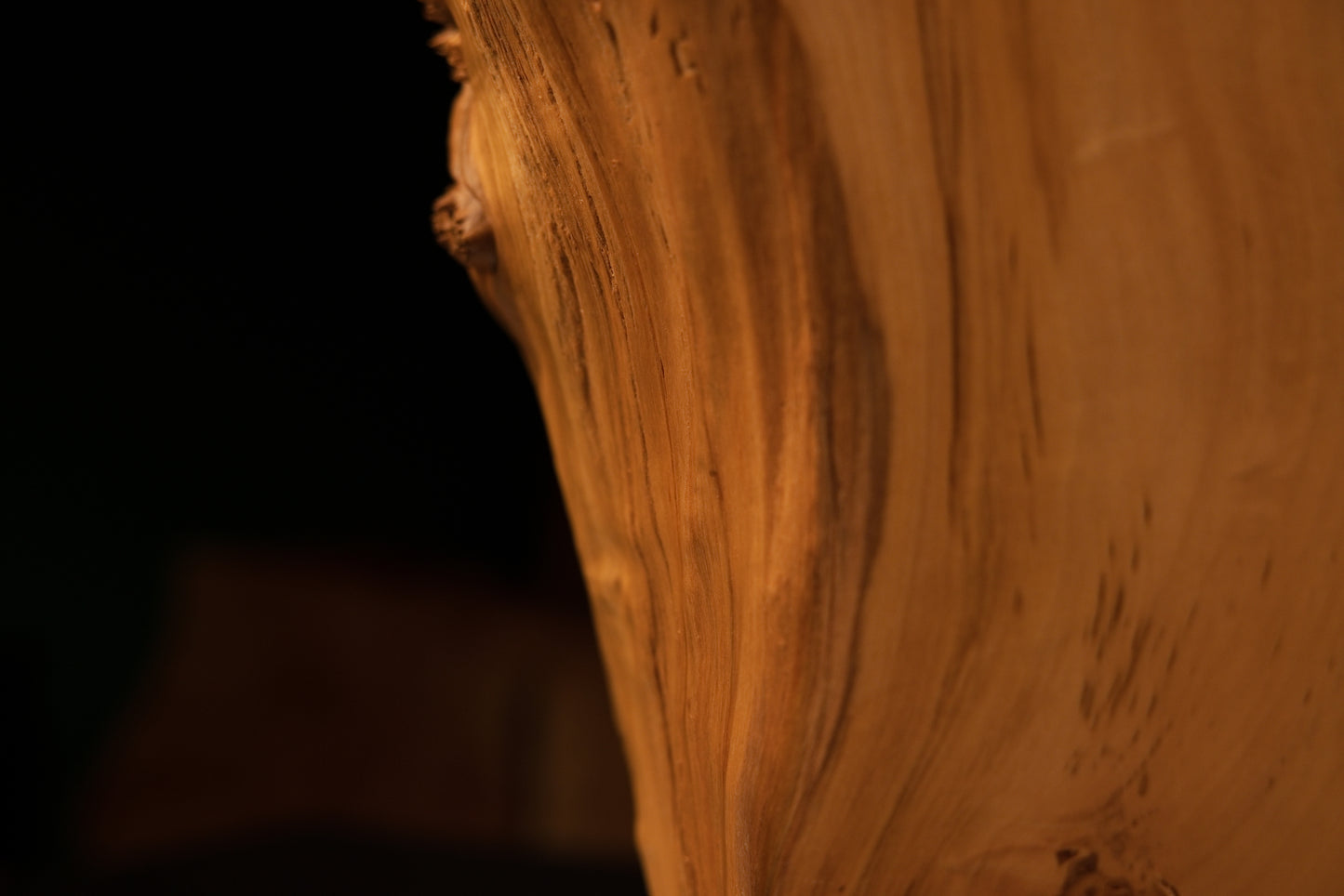 Extreme close-up demonstrating smooth vertical golden grain curving naturally around the organic boundary of a relic-grade art timber.   