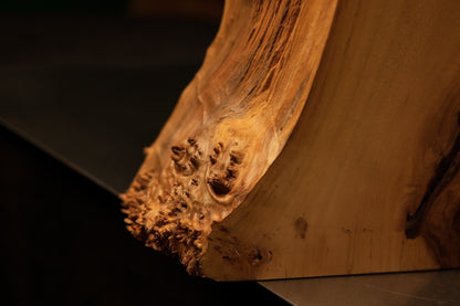 Detailed view of the lower corner juncture where a highly textured burl perimeter meets the pristine flat base of the interior sculpture.   