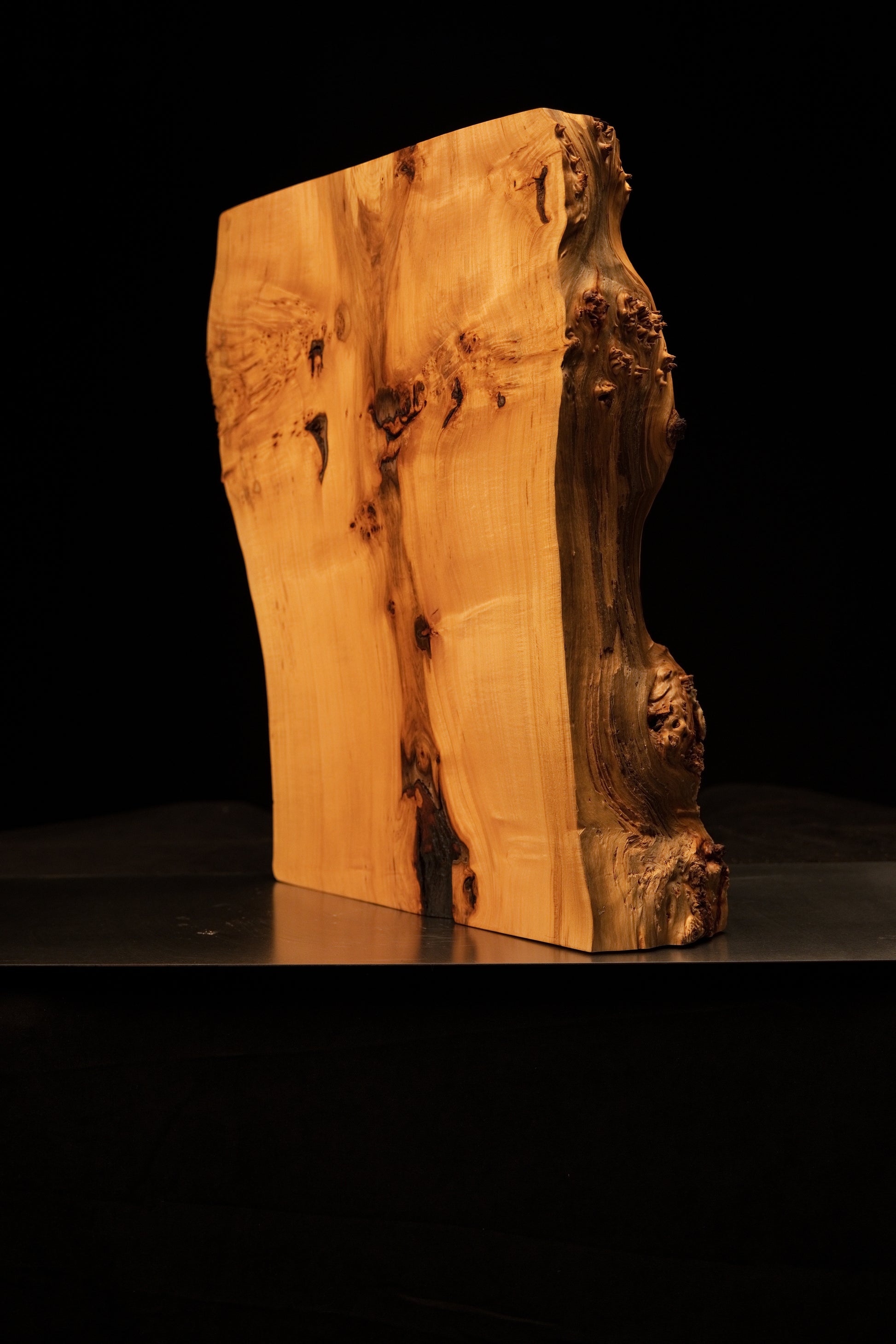 Close angled view of a perfectly stabilized interior timber piece displaying sweeping golden fibers and complex organic geometry.   