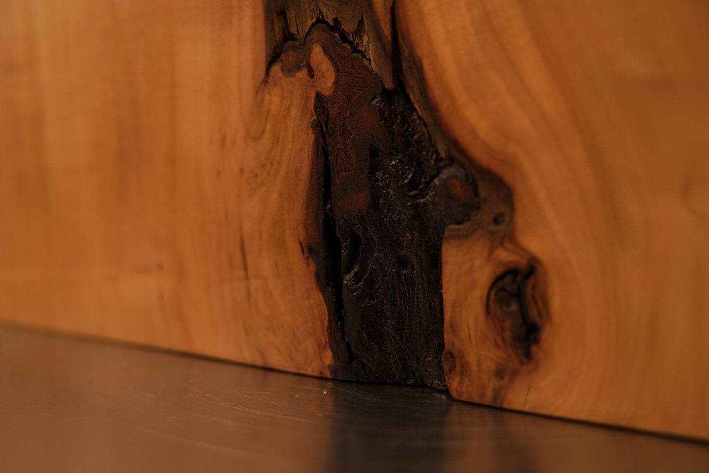 Detailed macro of a large dark structural cavity intersecting the flat polished face of a museum-grade biophilic wood element.   