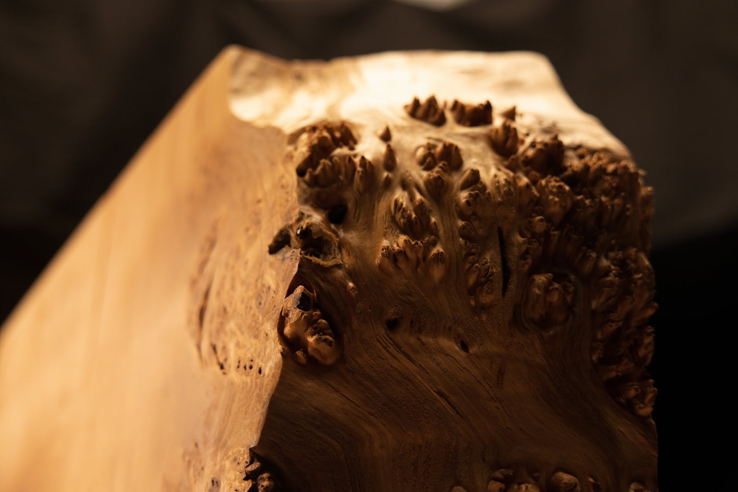 Top corner perspective highlighting dense chaotic burl clusters and dark biological eyes on a floor-heating compatible timber.   