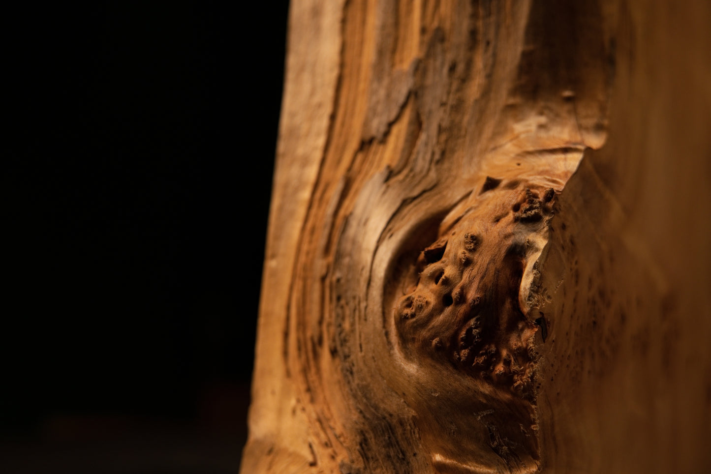 Macro photography of smooth wood fibers swirling dynamically into a deep dark void on an epoxy-free structural interior block.   