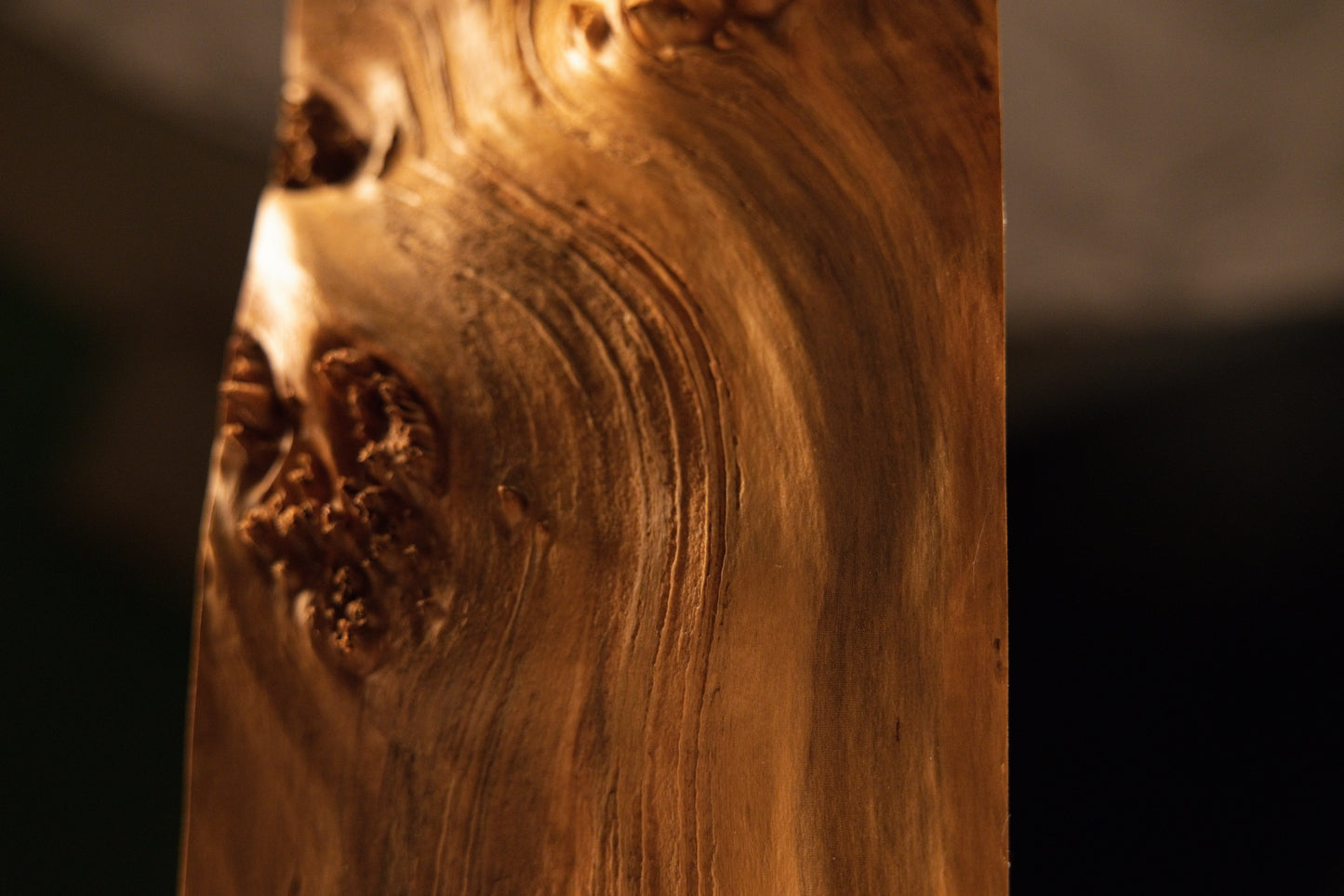 Extreme macro showcasing deeply flowing golden wood grain lines sweeping across a floor-heating compatible architectural slab.   