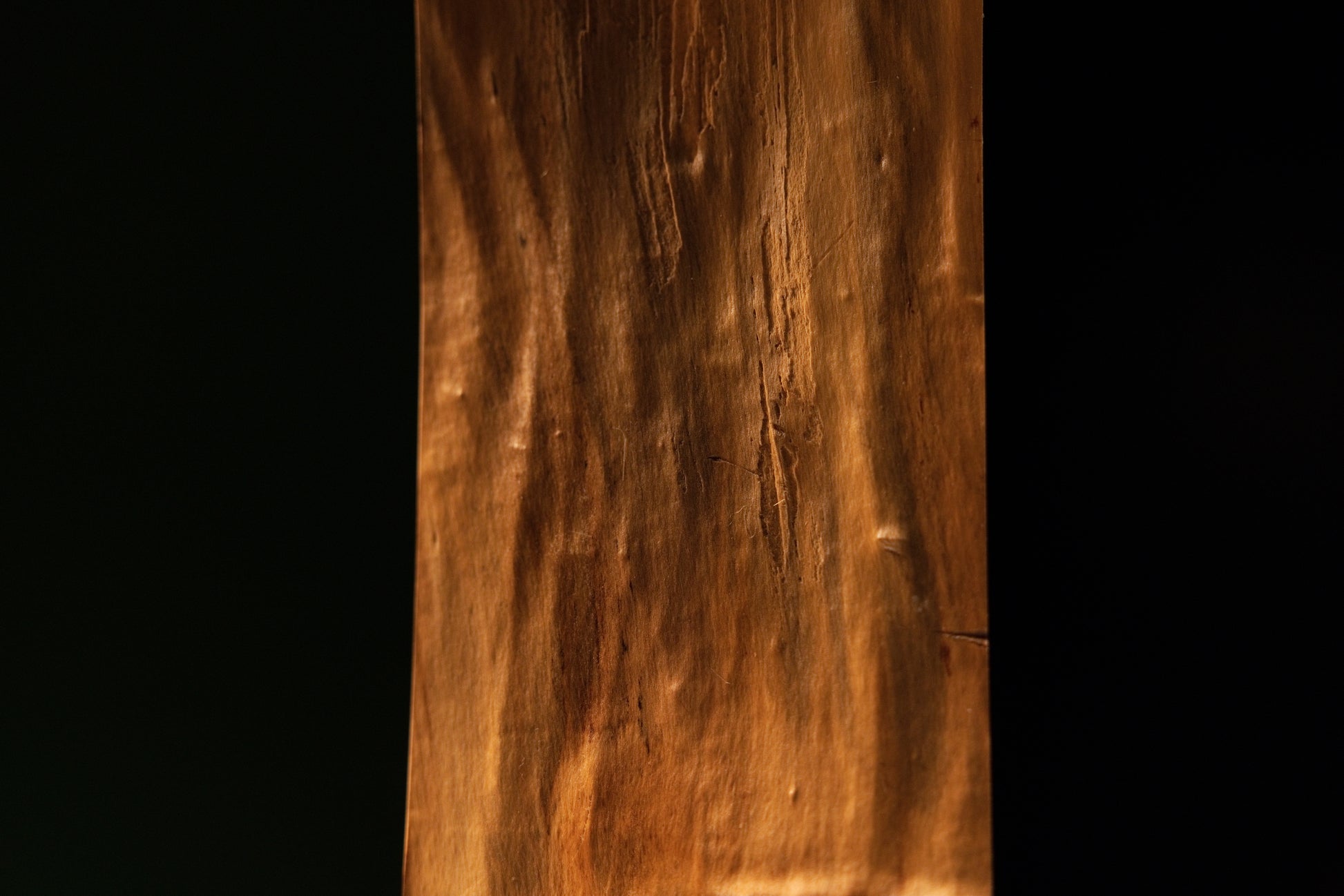 Extreme close-up of sweeping vertical golden grain lines featuring natural surface texture on a biophilic commercial wooden block.   