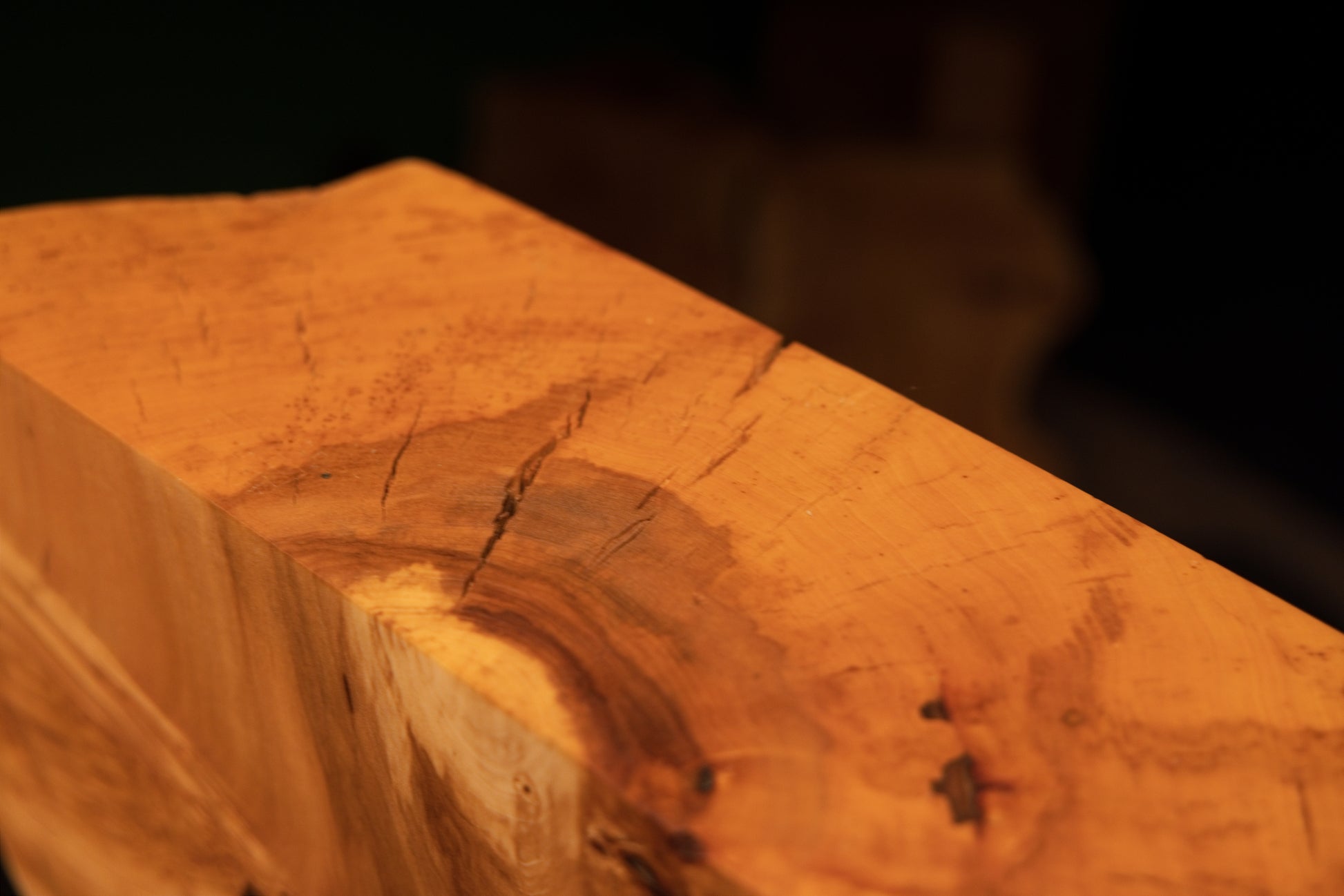 Close focus on a stabilized horizontal check and dark organic knot visible on the flat upper surface of a climate-proof wood piece.   