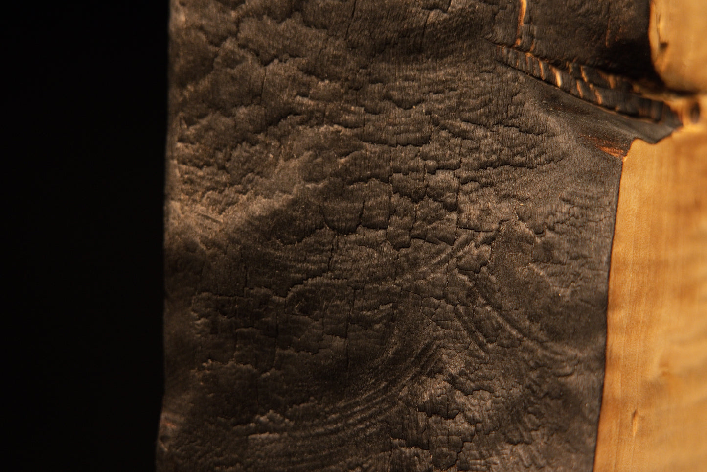 Extreme macro photography of the dark charred organic edge on a fully stabilized structural timber piece for luxury spaces.    
