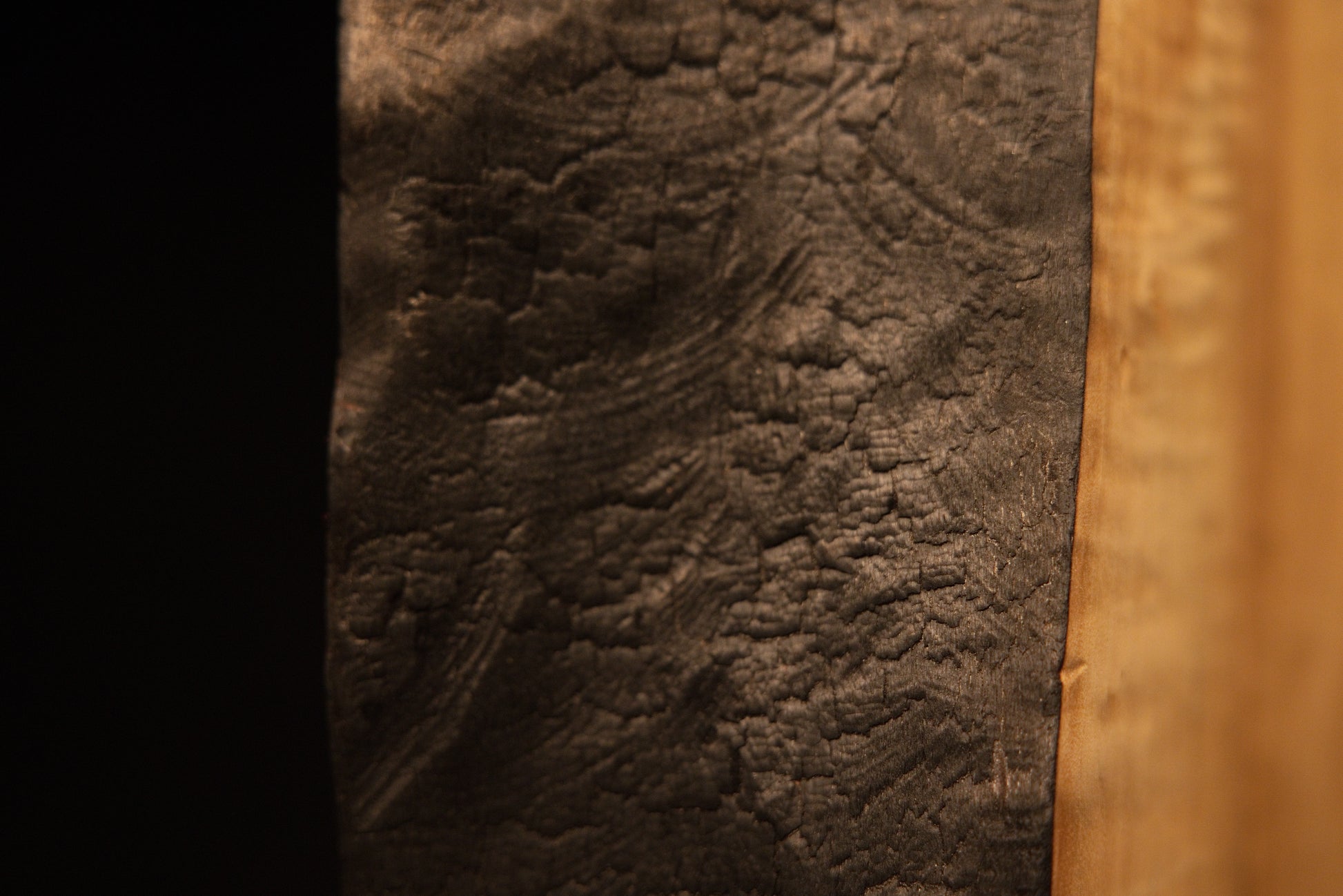 Close detail of deep cracked textures along the charred edge of a floor-heating compatible botanical architectural monolith.    