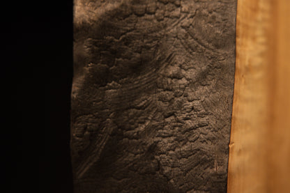 Close detail of deep cracked textures along the charred edge of a floor-heating compatible botanical architectural monolith.    