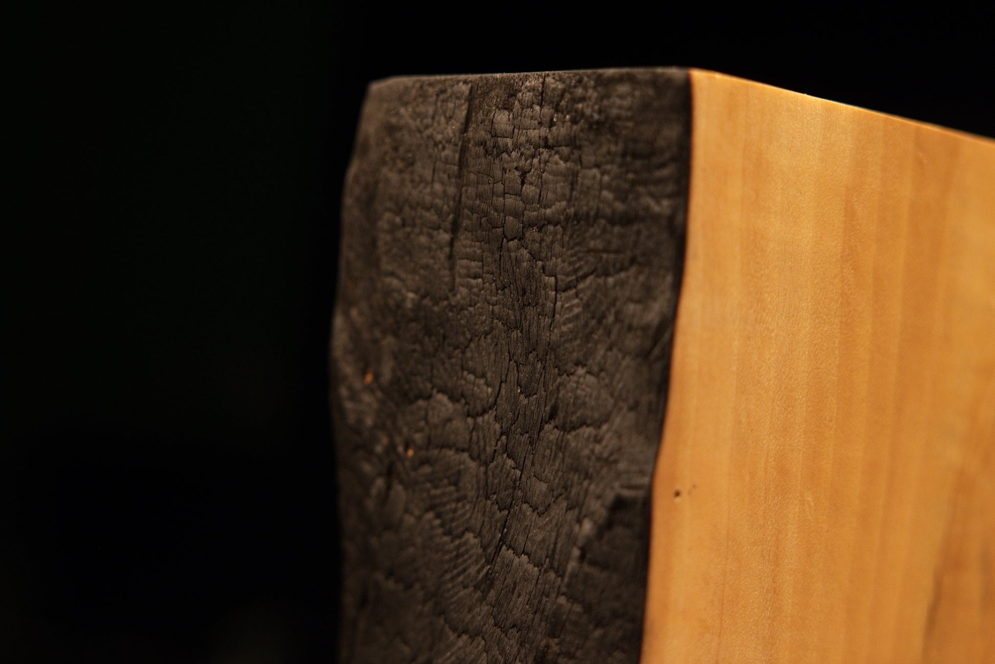 Angled macro of the upper charred edge transitioning into a smooth precision cut top on a completely resin-free wood slab.    
