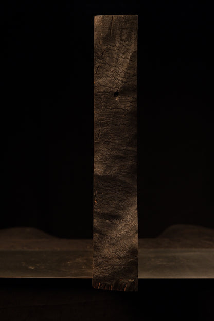 Straight vertical profile of the dark heavily textured charred face on a biophilic commercial wooden structural centerpiece.    