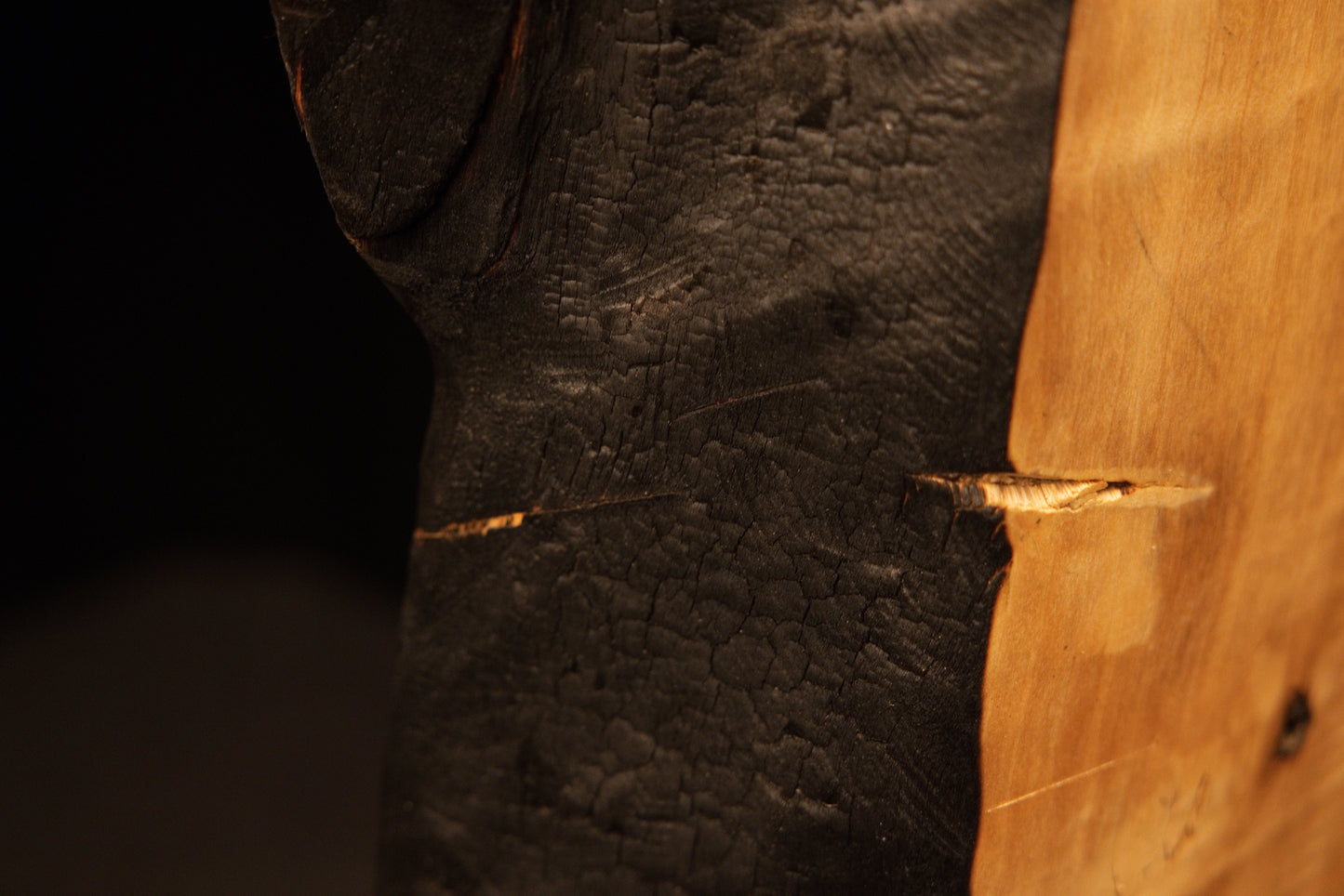 Extreme close-up of a small stabilized crack extending from the dark charred border into smooth golden architectural grain.    